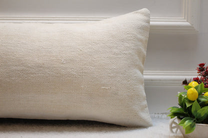 Handmade White Wool Lumbar Pillow Cover: Upcycled Kilim Rug