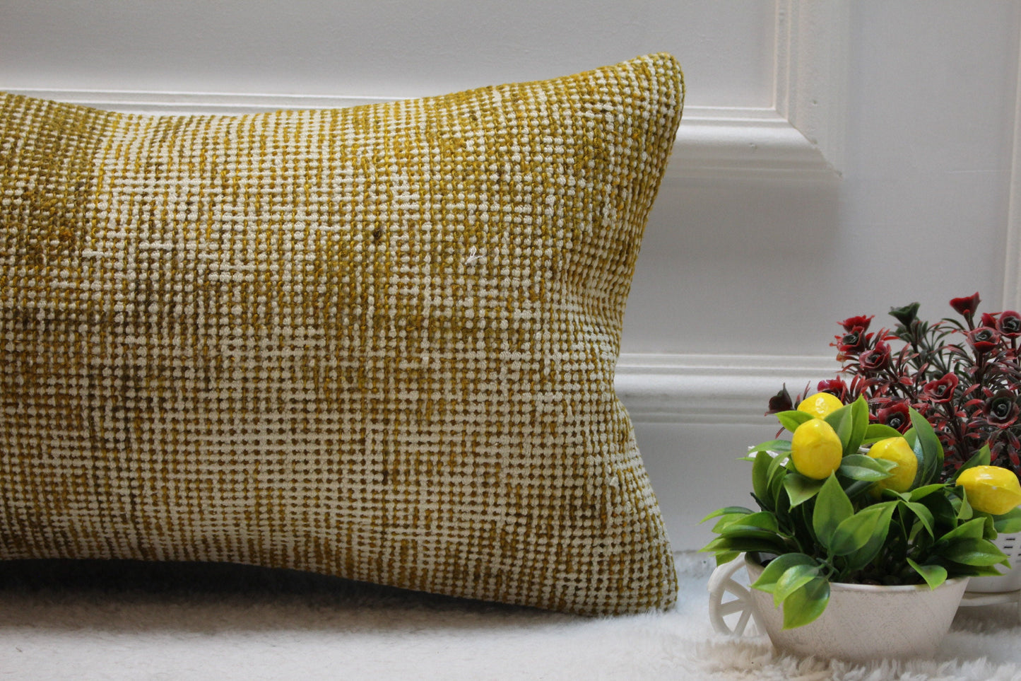 Handwoven Beige Wool Lumbar Pillow Cover: Upcycled Kilim Rug, 12x24 inc
