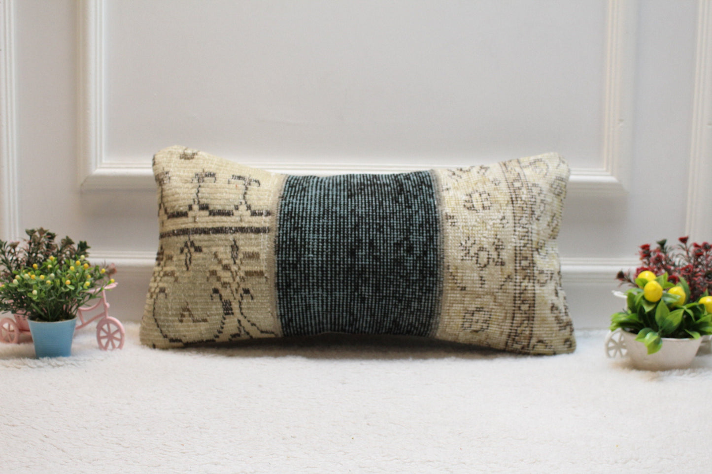 Handmade Wool Lumbar Pillow Cover: Beige & Blue Turkish Rug (12x24 in)