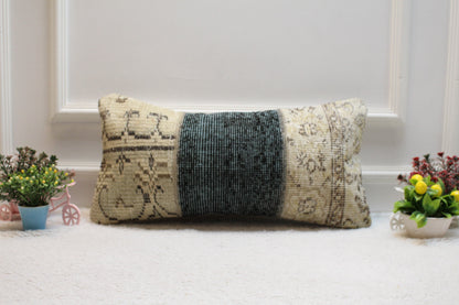 Handmade Wool Lumbar Pillow Cover: Beige & Blue Turkish Rug (12x24 in)
