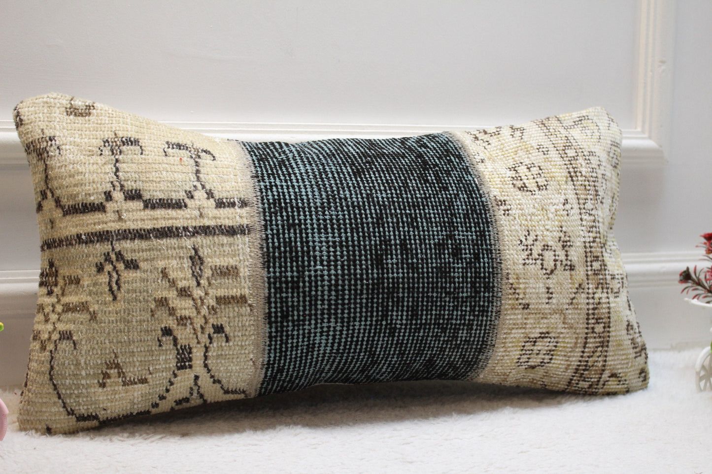 Handmade Wool Lumbar Pillow Cover: Beige & Blue Turkish Rug (12x24 in)