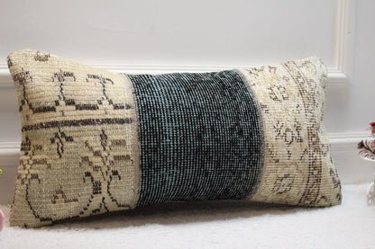Handmade Wool Lumbar Pillow Cover: Beige & Blue Turkish Rug (12x24 in)