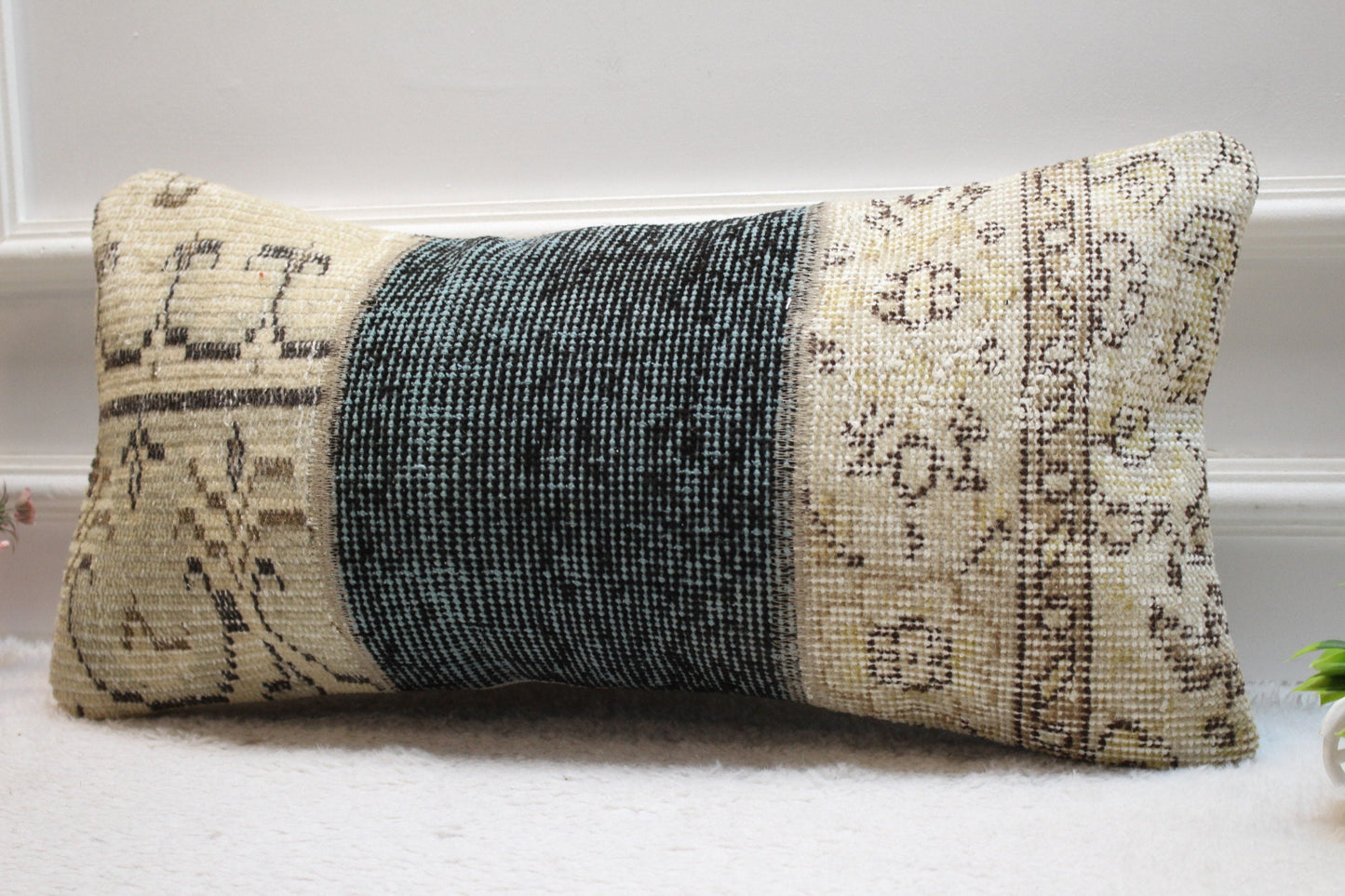 Handmade Wool Lumbar Pillow Cover: Beige & Blue Turkish Rug (12x24 in)