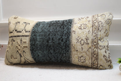 Handmade Wool Lumbar Pillow Cover: Beige & Blue Turkish Rug (12x24 in)