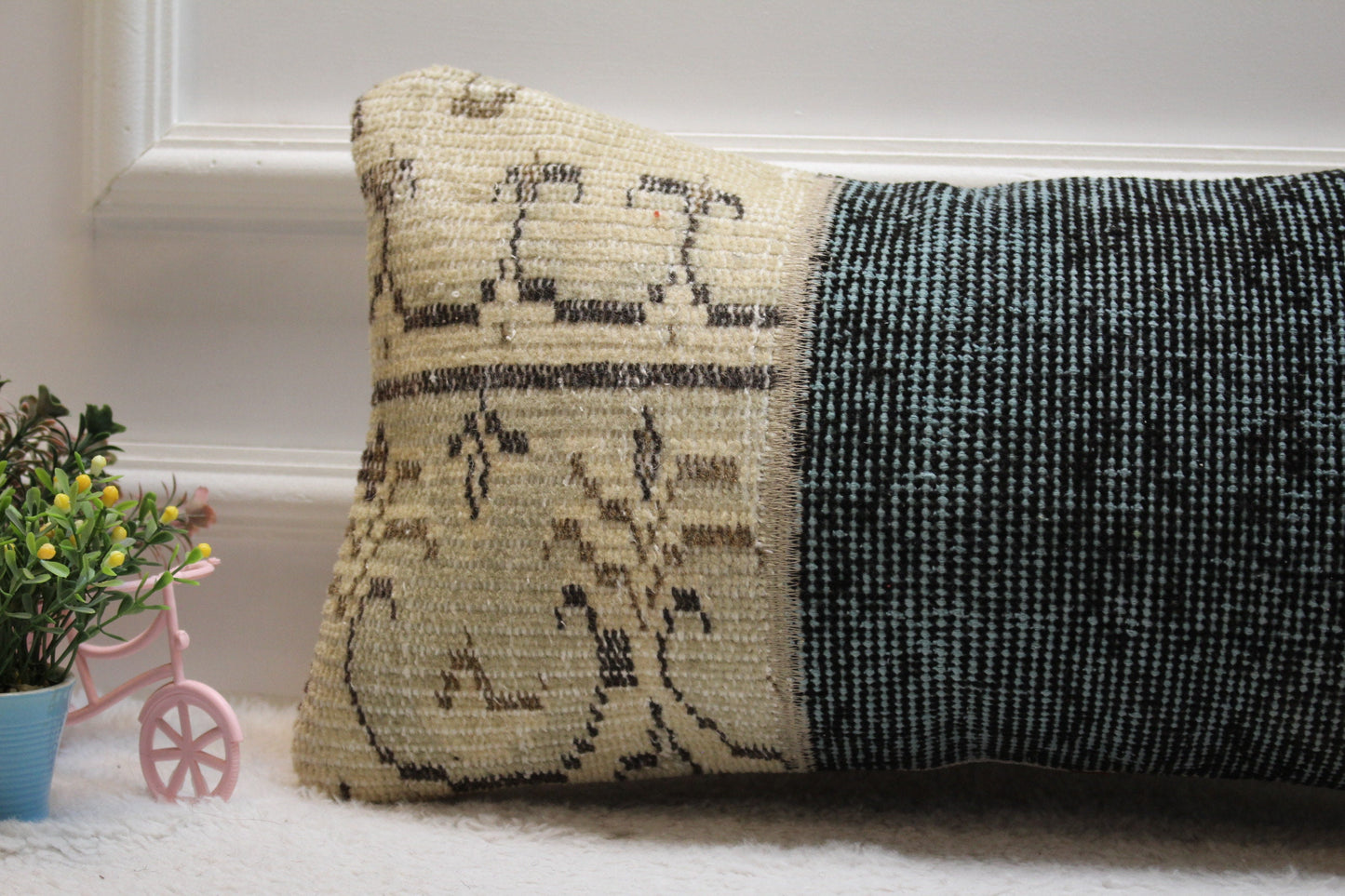 Handmade Wool Lumbar Pillow Cover: Beige & Blue Turkish Rug (12x24 in)