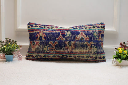 Blue Kilim Pillow Cover: Upcycled Wool Lumbar Pillow (12x24 in)