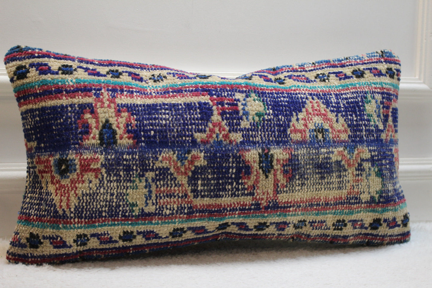 Blue Kilim Pillow Cover: Upcycled Wool Lumbar Pillow (12x24 in)