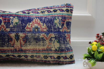 Blue Kilim Pillow Cover: Upcycled Wool Lumbar Pillow (12x24 in)