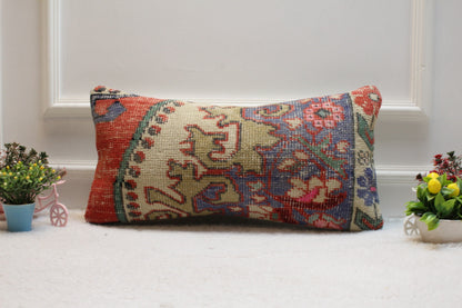 Floral Turkish Rug Lumbar Pillow Cover: Hand-Knotted Wool (12x24 in)