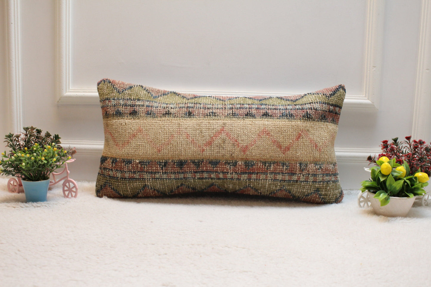 Handmade Kilim Pillow Cover: Upcycled Woven Rug, Brown & Beige (12x24 in)