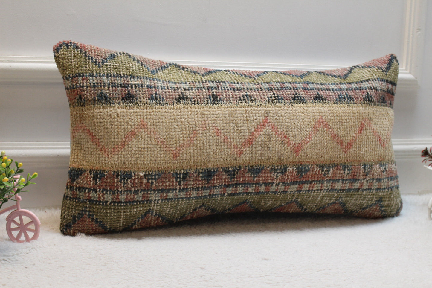 Handmade Kilim Pillow Cover: Upcycled Woven Rug, Brown & Beige (12x24 in)