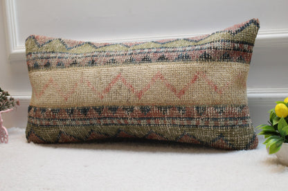 Handmade Kilim Pillow Cover: Upcycled Woven Rug, Brown & Beige (12x24 in)