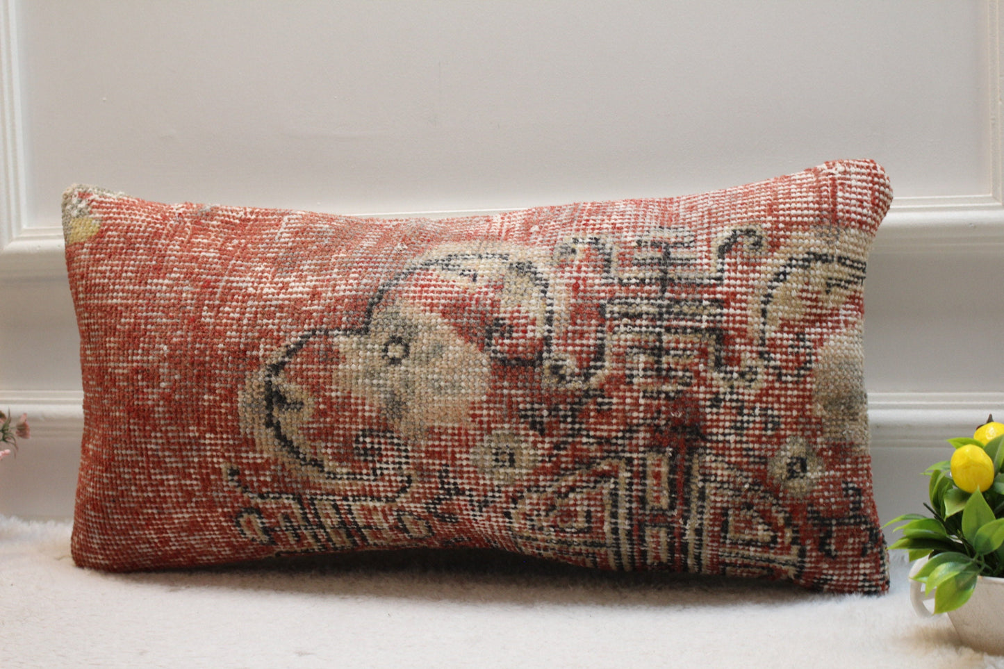 Handmade Red Kilim Pillow Cover: Upcycled Wool Lumbar Pillow (12x24 in)