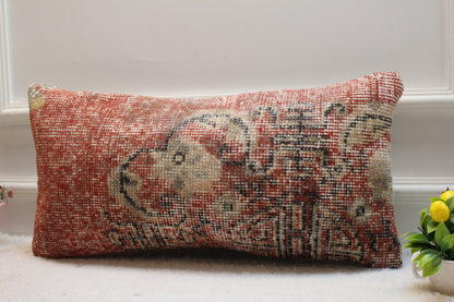 Handmade Red Kilim Pillow Cover: Upcycled Wool Lumbar Pillow (12x24 in)