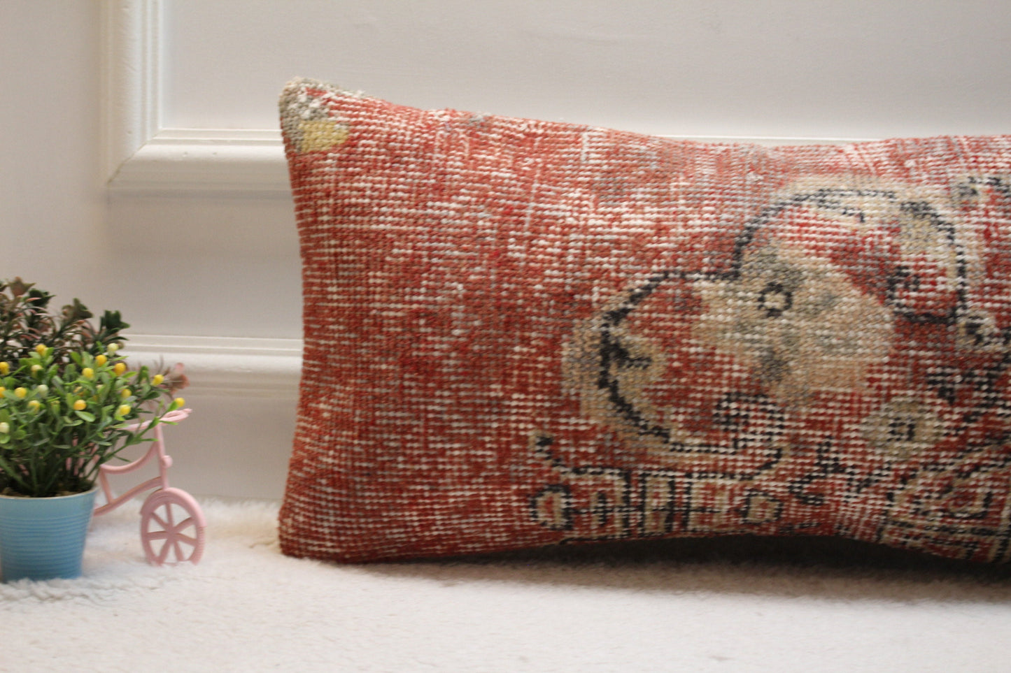 Handmade Red Kilim Pillow Cover: Upcycled Wool Lumbar Pillow (12x24 in)