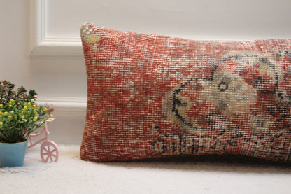 Handmade Red Kilim Pillow Cover: Upcycled Wool Lumbar Pillow (12x24 in)