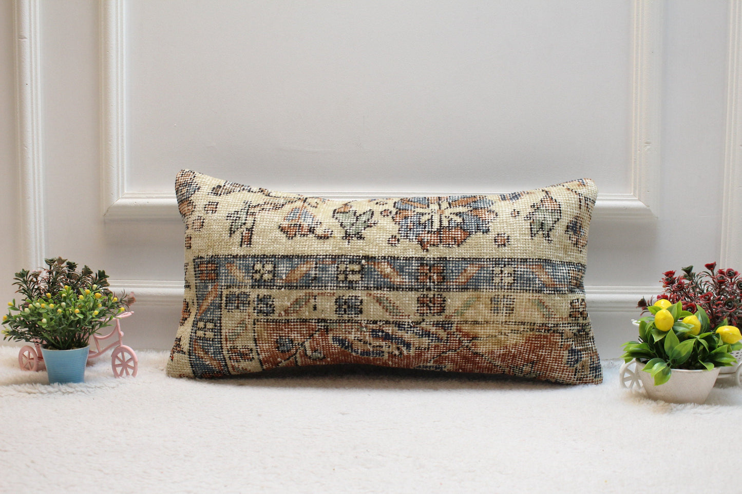 Handmade Kilim Lumbar Pillow Cover: Beige Wool Rug Pillow (12x24 inc)