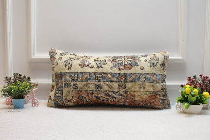 Handmade Kilim Lumbar Pillow Cover: Beige Wool Rug Pillow (12x24 inc)