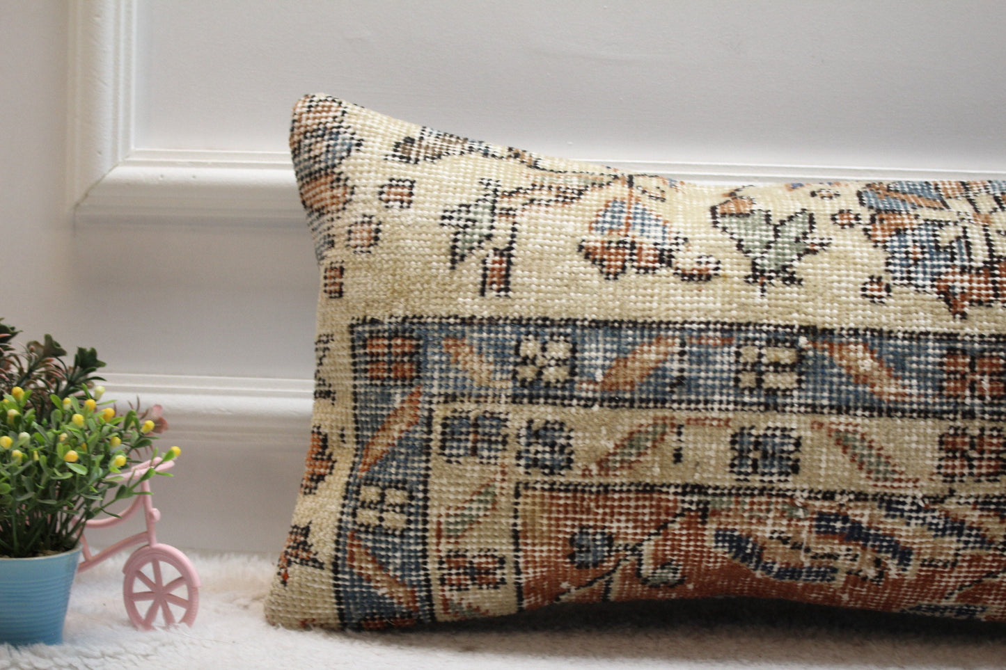 Handmade Kilim Lumbar Pillow Cover: Beige Wool Rug Pillow (12x24 inc)