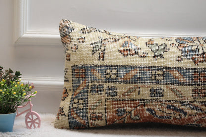 Handmade Kilim Lumbar Pillow Cover: Beige Wool Rug Pillow (12x24 inc)