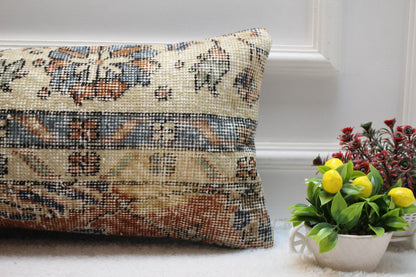 Handmade Kilim Lumbar Pillow Cover: Beige Wool Rug Pillow (12x24 inc)