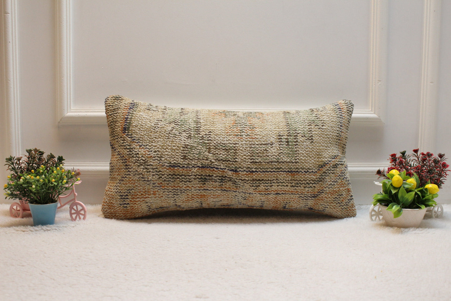Handmade Kilim Lumbar Pillow Cover: Upcycled Woven Wool, Beige 12x24