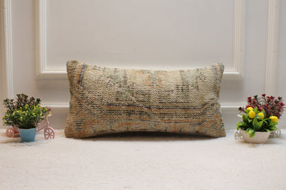 Handmade Kilim Lumbar Pillow Cover: Upcycled Woven Wool, Beige 12x24