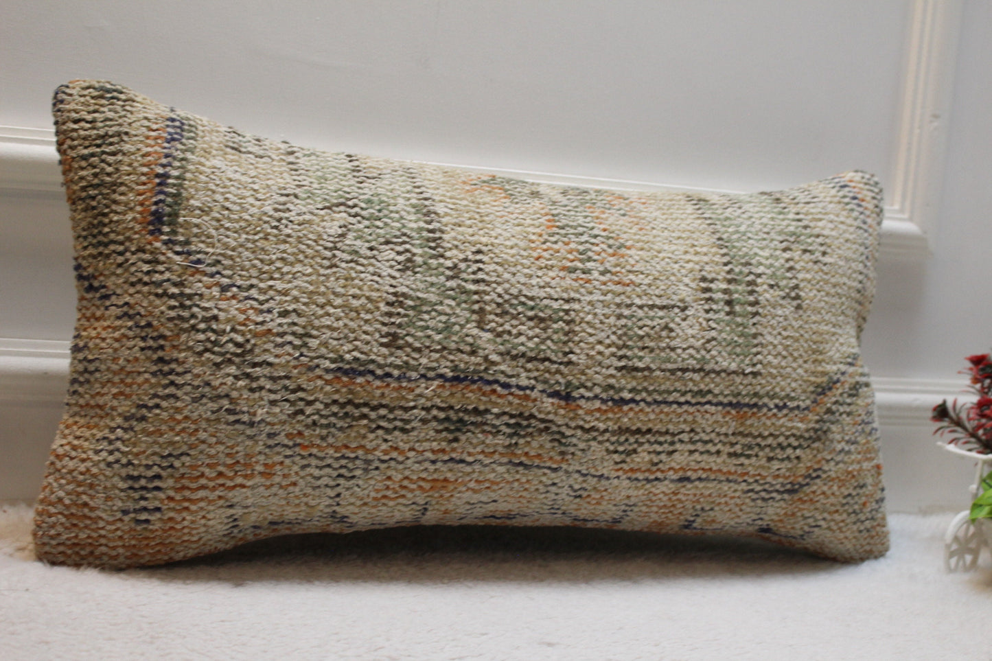 Handmade Kilim Lumbar Pillow Cover: Upcycled Woven Wool, Beige 12x24