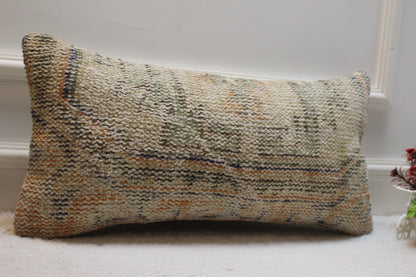 Handmade Kilim Lumbar Pillow Cover: Upcycled Woven Wool, Beige 12x24