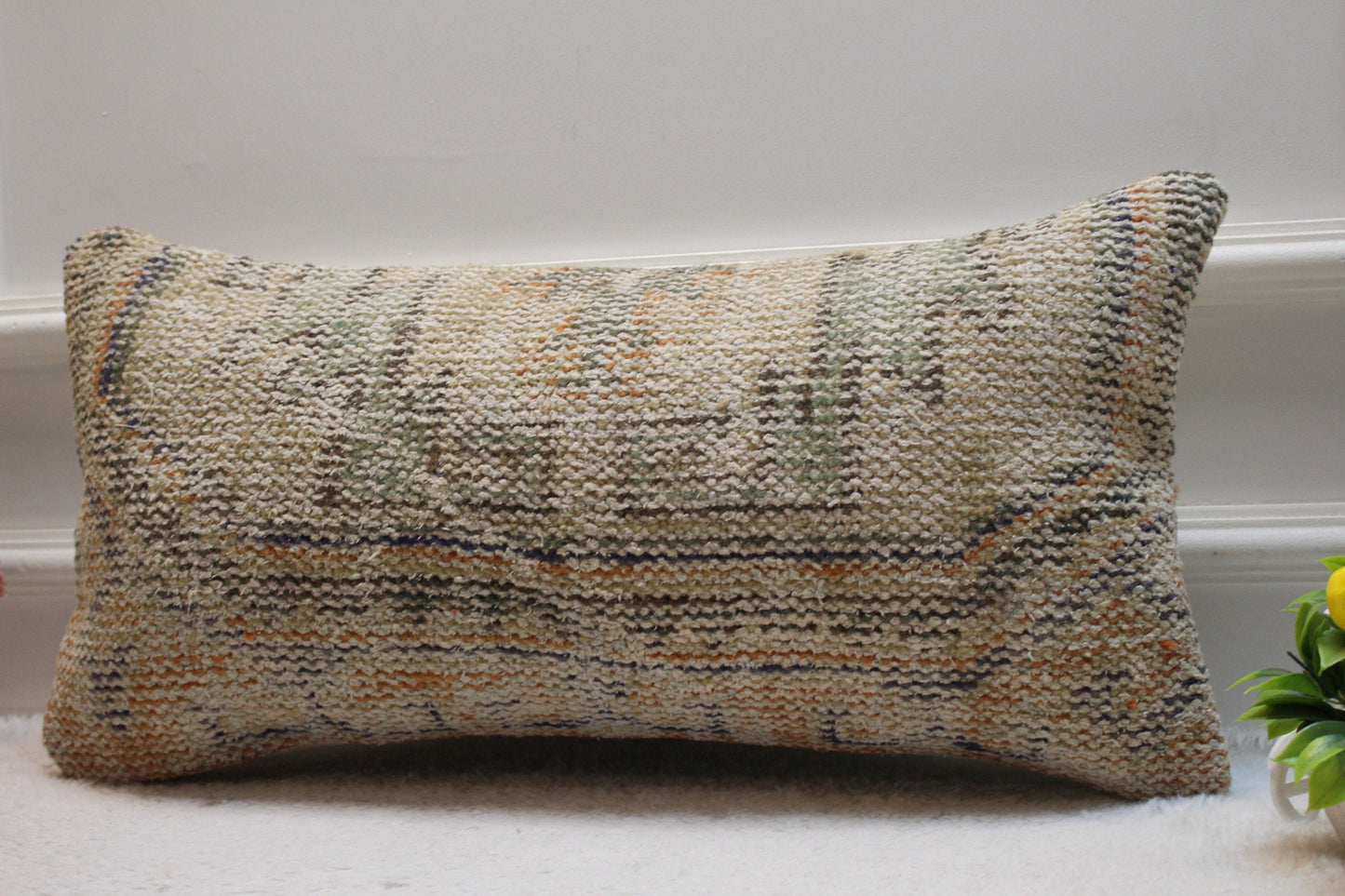 Handmade Kilim Lumbar Pillow Cover: Upcycled Woven Wool, Beige 12x24