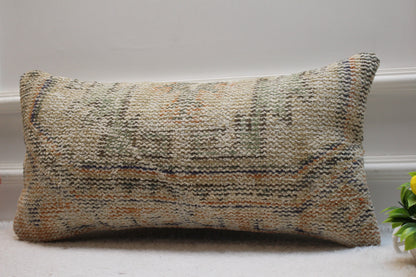 Handmade Kilim Lumbar Pillow Cover: Upcycled Woven Wool, Beige 12x24