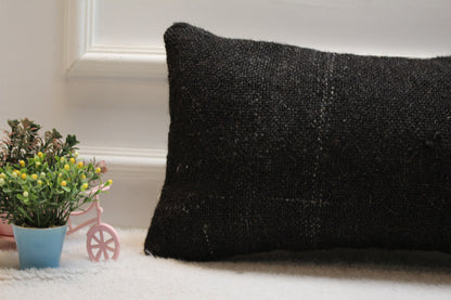 Handmade Black Wool Lumbar Pillow Cover: Woven Rug Design (12x24 in)