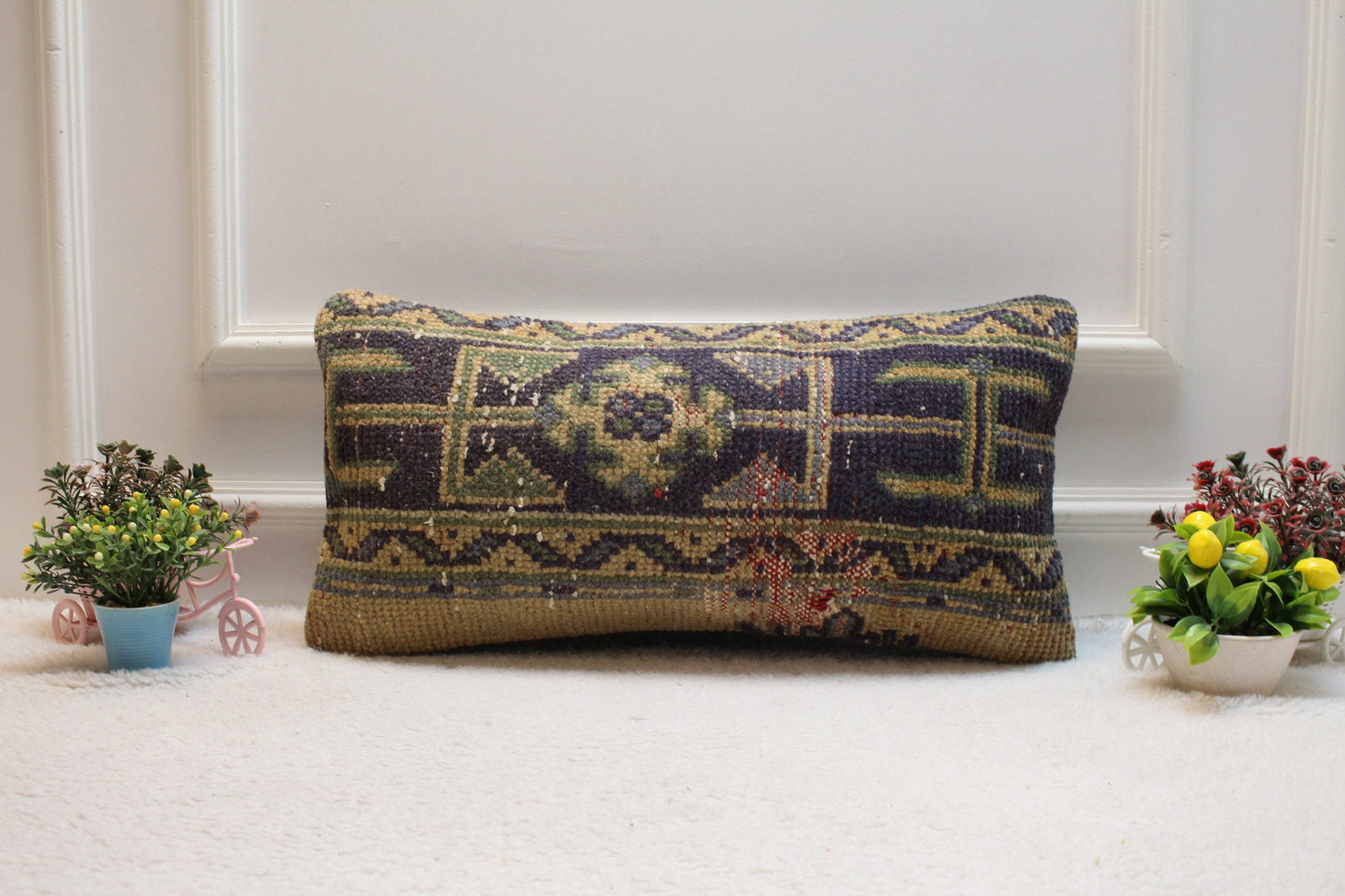 Handmade Kilim Lumbar Pillow Cover: Geometric Woven Wool, 12x24