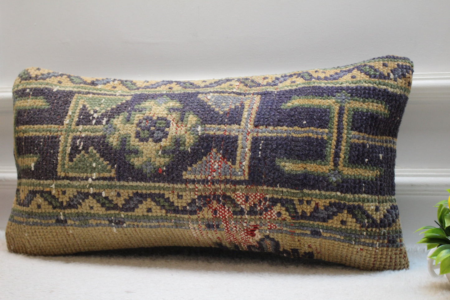 Handmade Kilim Lumbar Pillow Cover: Geometric Woven Wool, 12x24