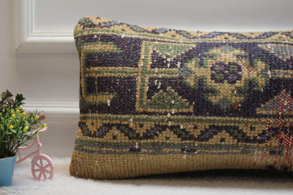 Handmade Kilim Lumbar Pillow Cover: Geometric Woven Wool, 12x24