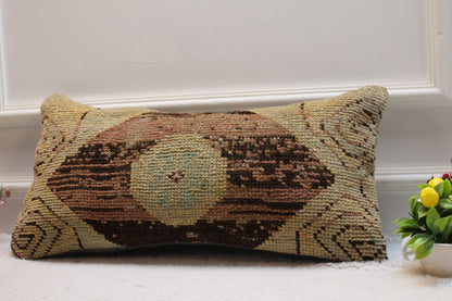 Handmade Kilim Pillow Cover: Brown Beige Woven Rug, 12x24 inc