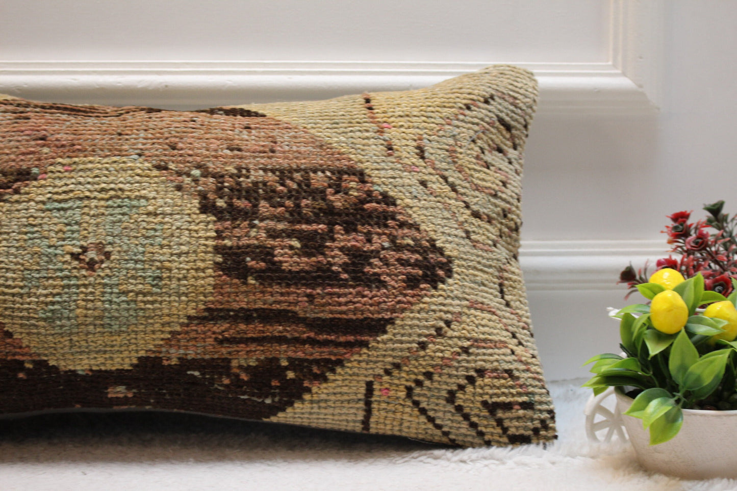 Handmade Kilim Pillow Cover: Brown Beige Woven Rug, 12x24 inc