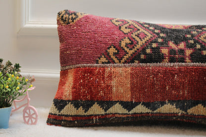 Red Kilim Lumbar Pillow Cover: Ethnic Turkish Woven Wool, 12x24 inch