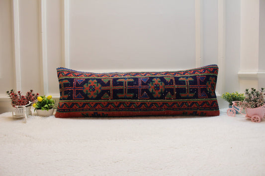 Vintage Turkish Rug Lumbar Pillow Cover: Red & Blue Anatolian Design (12x36 in)