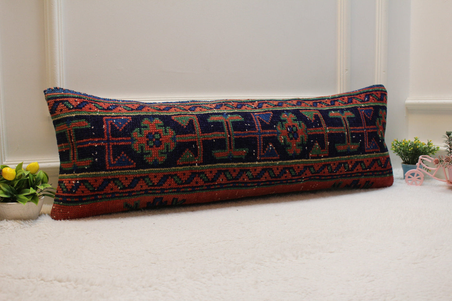 Vintage Turkish Rug Lumbar Pillow Cover: Red & Blue Anatolian Design (12x36 in)