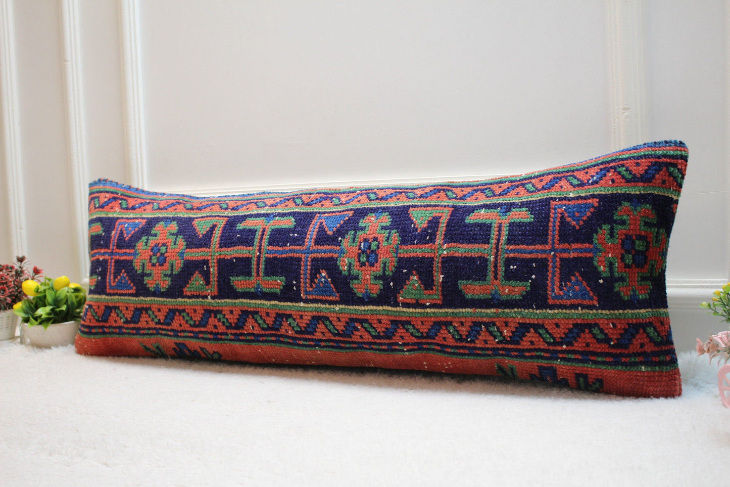 Vintage Turkish Rug Lumbar Pillow Cover: Red & Blue Anatolian Design (12x36 in)