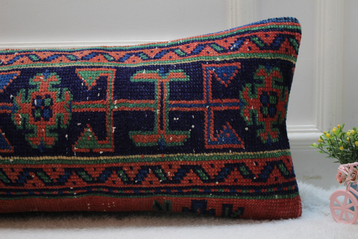 Vintage Turkish Rug Lumbar Pillow Cover: Red & Blue Anatolian Design (12x36 in)