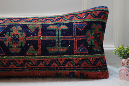 Vintage Turkish Rug Lumbar Pillow Cover: Red & Blue Anatolian Design (12x36 in)