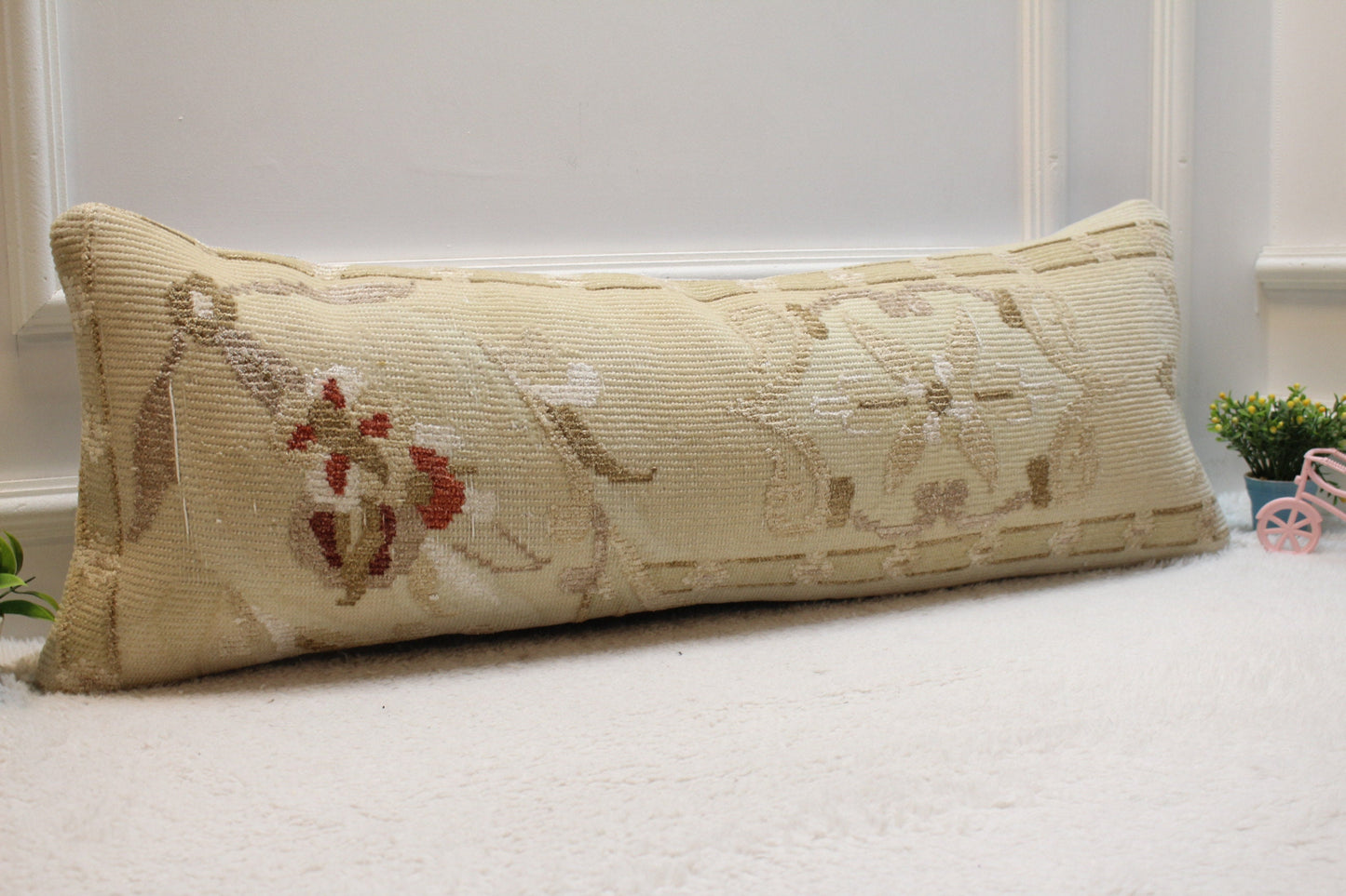Floral Kilim Lumbar Pillow Cover: Handmade Upcycled Rug, 12x36 inch