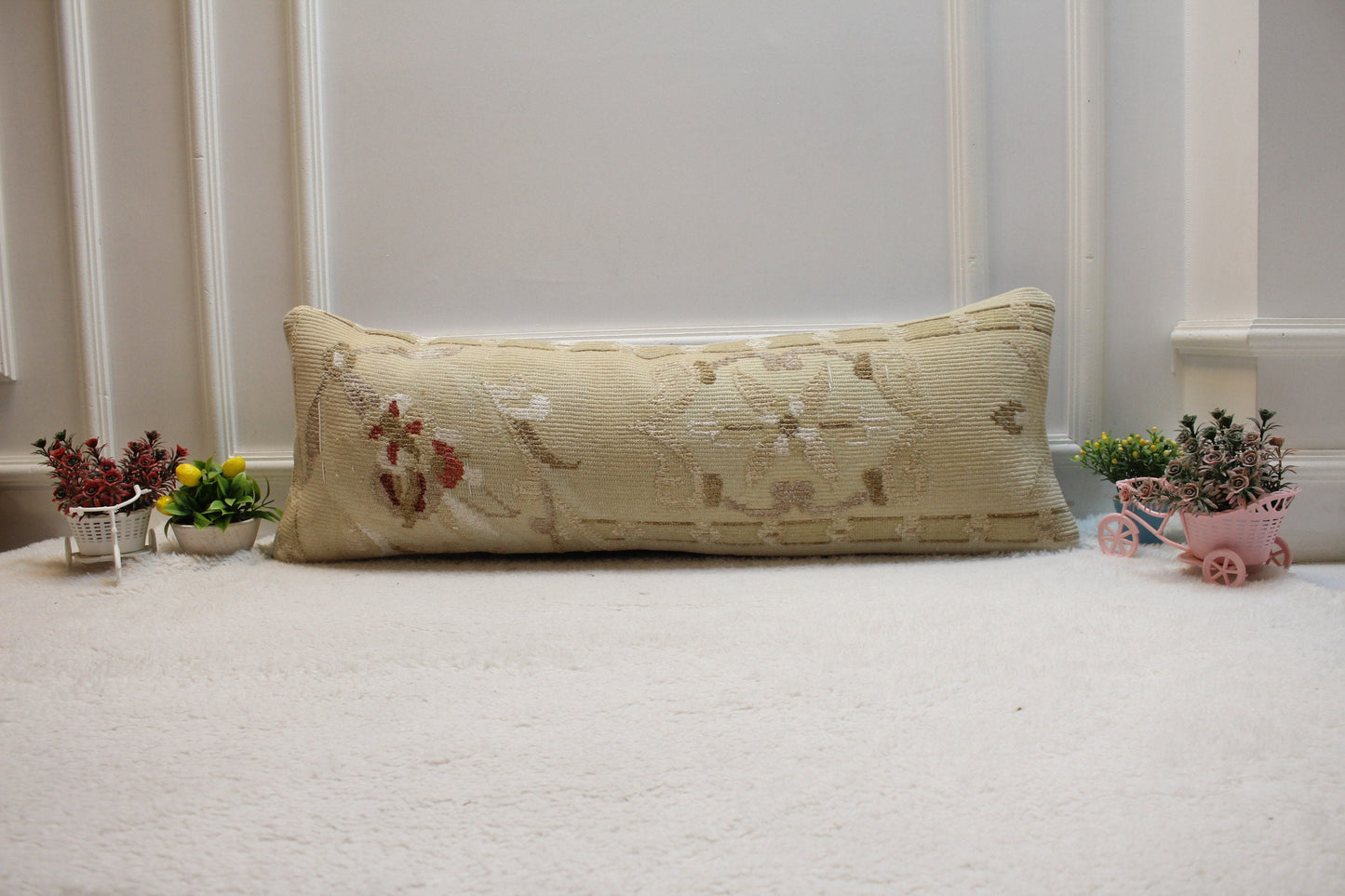 Floral Kilim Lumbar Pillow Cover: Handmade Upcycled Rug, 12x36 inch