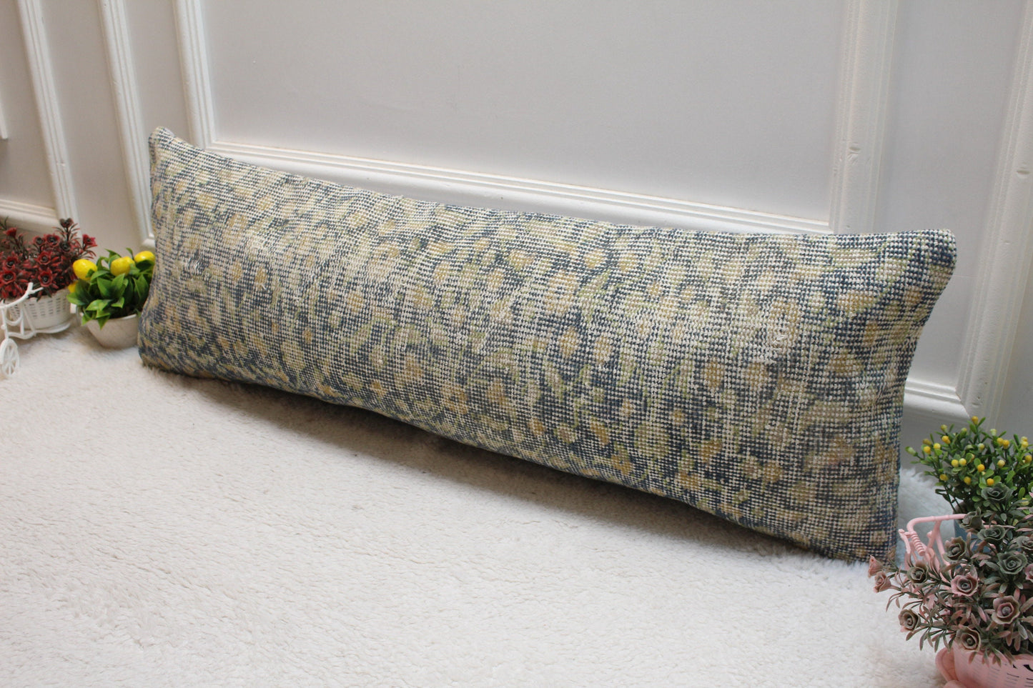 Blue Vintage Turkish Rug Pillow Cover: Handmade Organic Wool (12x36 in)