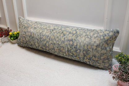 Blue Vintage Turkish Rug Pillow Cover: Handmade Organic Wool (12x36 in)