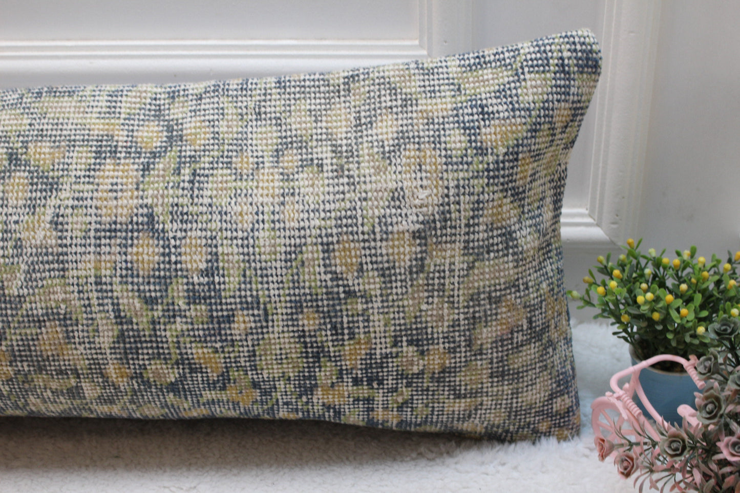 Blue Vintage Turkish Rug Pillow Cover: Handmade Organic Wool (12x36 in)