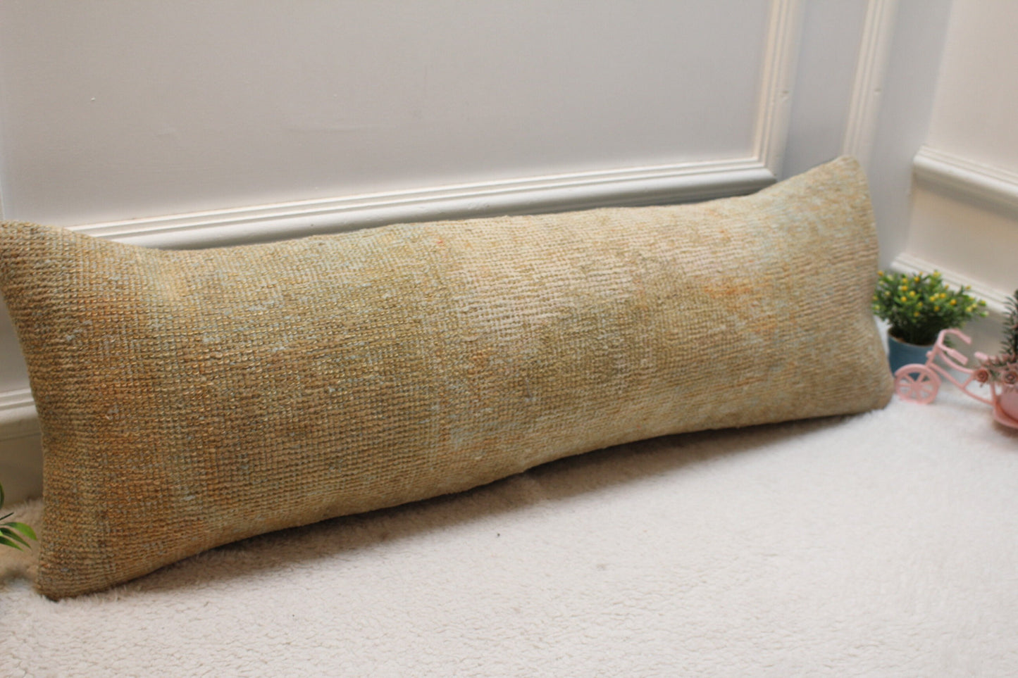 Lumbar Turkish Rug Pillow Cover: Beige Brown Boho Decor (12x36 in)