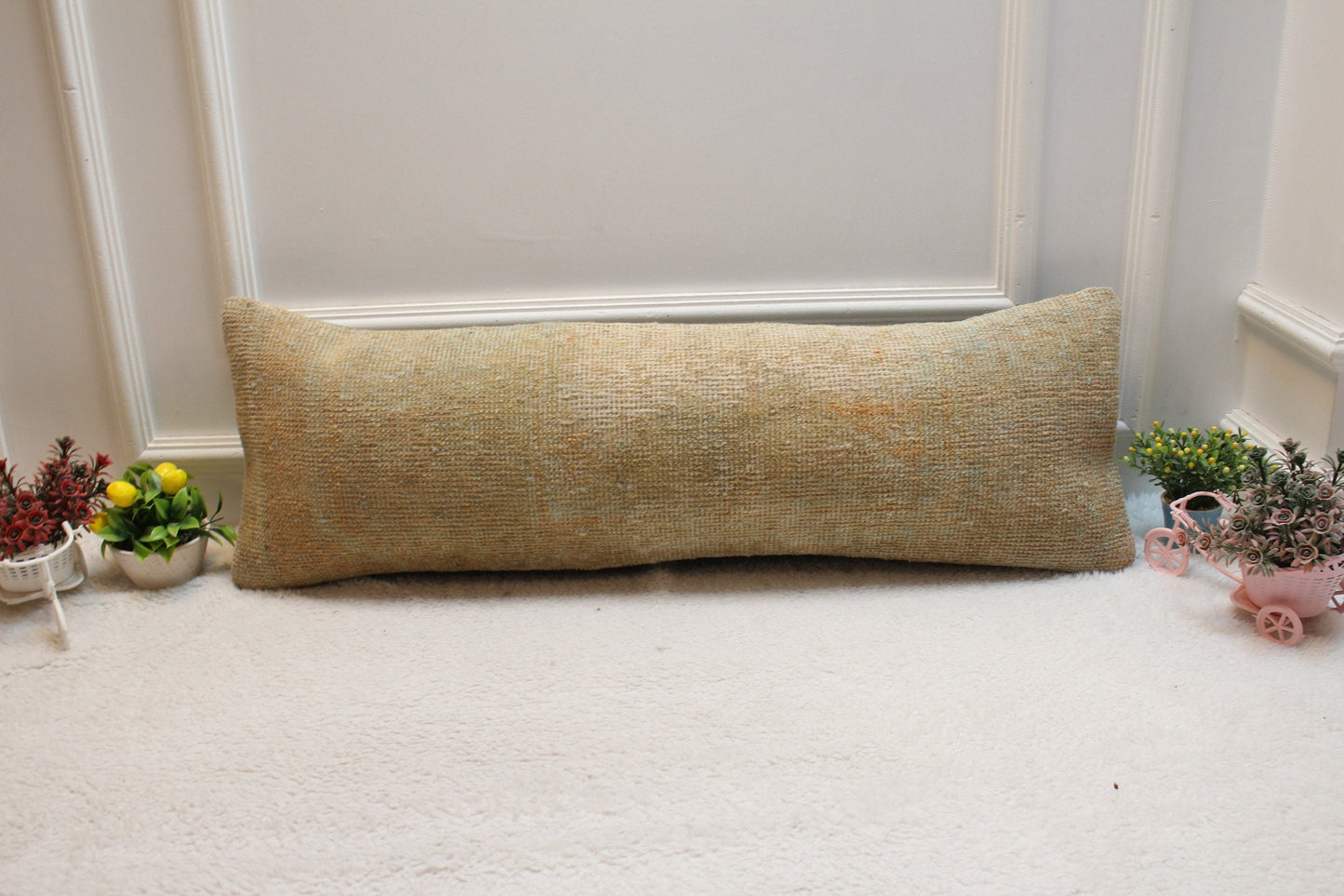 Lumbar Turkish Rug Pillow Cover: Beige Brown Boho Decor (12x36 in)